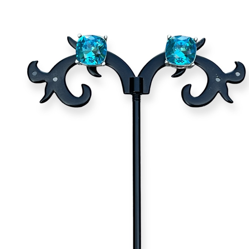 Aquamarine Glass RhinestoneSquare‎ Silver Plated Costume Pierced Stud Earrings
